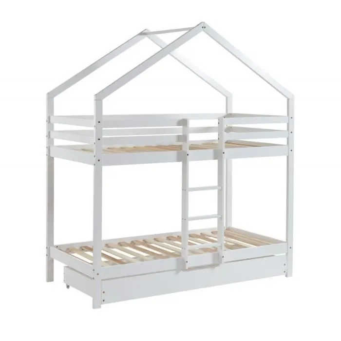 Ensemble Lit Superposé Caravane Blanc 90x190 + 2 Matelas Enfants 90x190 - Laïba Kids-1