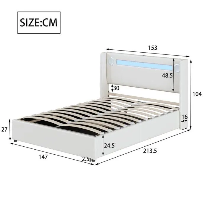 MODERNLUXE Lit coffre rembourré 140x200cm avec LED, lecteur Bluetooth - USB - sommier à lattes - en similicuir - Blanc-1
