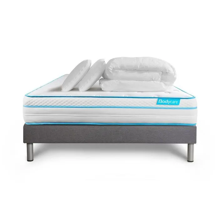 Ensemble sommier matelas 140x200 BodyMax Mémoire de forme et micro ressorts ensachés - 26 cm - Equilibré - sommier kit gris + 2 orei-0