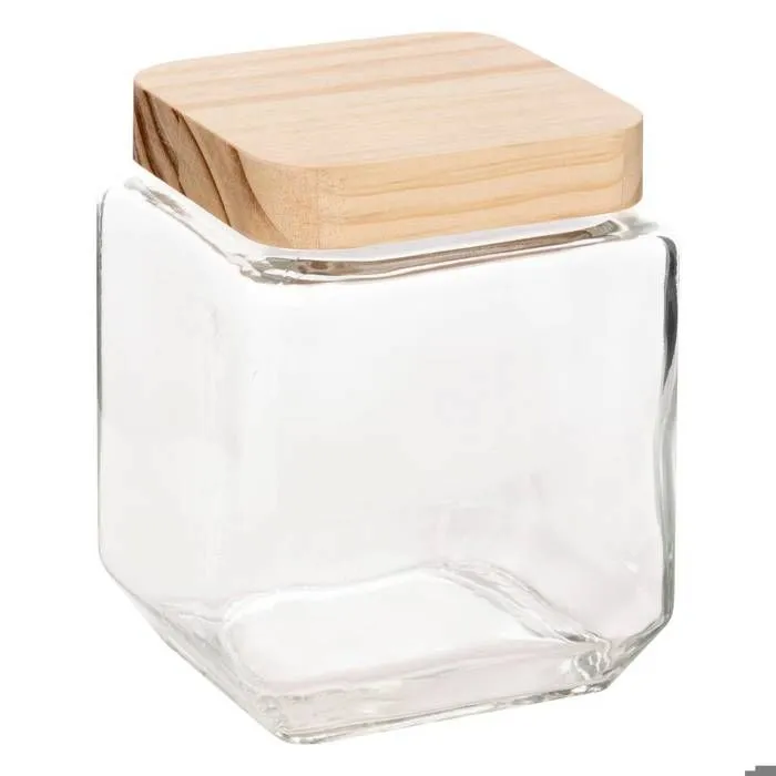 Bocal en verre carré - FIVE - 1,25L - Couvercle en pin - Dimensions 11x11x14,3 cm - Poids 0,68 kg-0