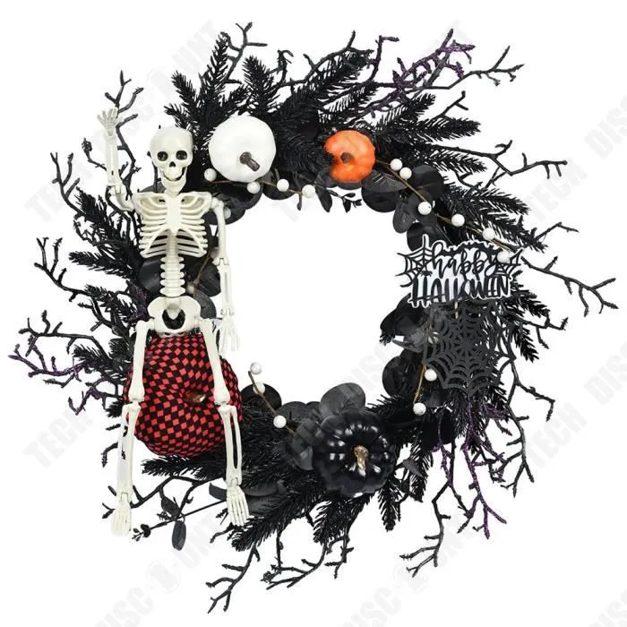 TD® Couronne de tête de mort pour Halloween 50*50*13cm Support de crâne simulé Gothique sombre Couronne de décoration pour Halloween-0