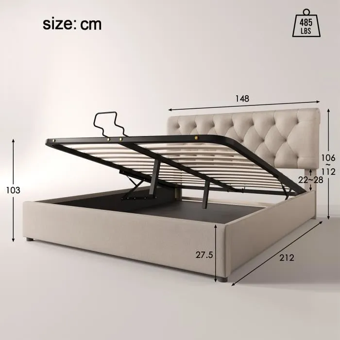 Lit coffre 140x200cm, avec sommier à lattes métalliques, Cadre de lit moderne avec espace de rangement, sans matelas, beige-0