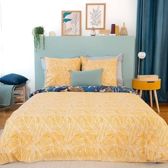 CÔTE DECO Parure de lit avec Housse de Couette 140x200cm + 1 taie d'oreiller 63x63cm Motif Feuilles Tropicales 100% Coton adouci-1