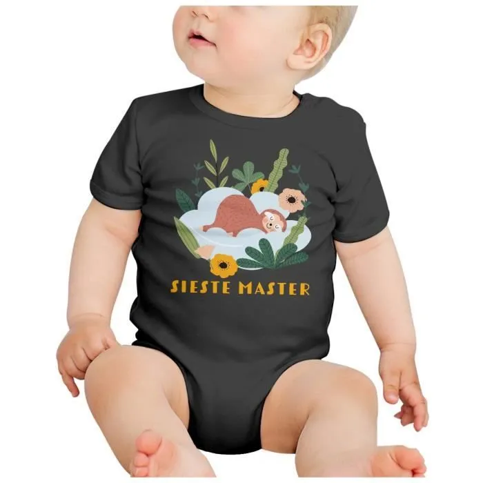 Body Bébé Manche Courte Noir Paresseux Sieste Master Dessin Illustration-1