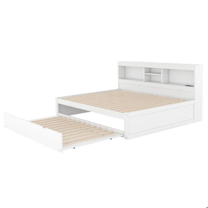 Lit gigogne - Blanc - 140x200cm + 90x190cm - LED, USB, rangement - sans matelas-5
