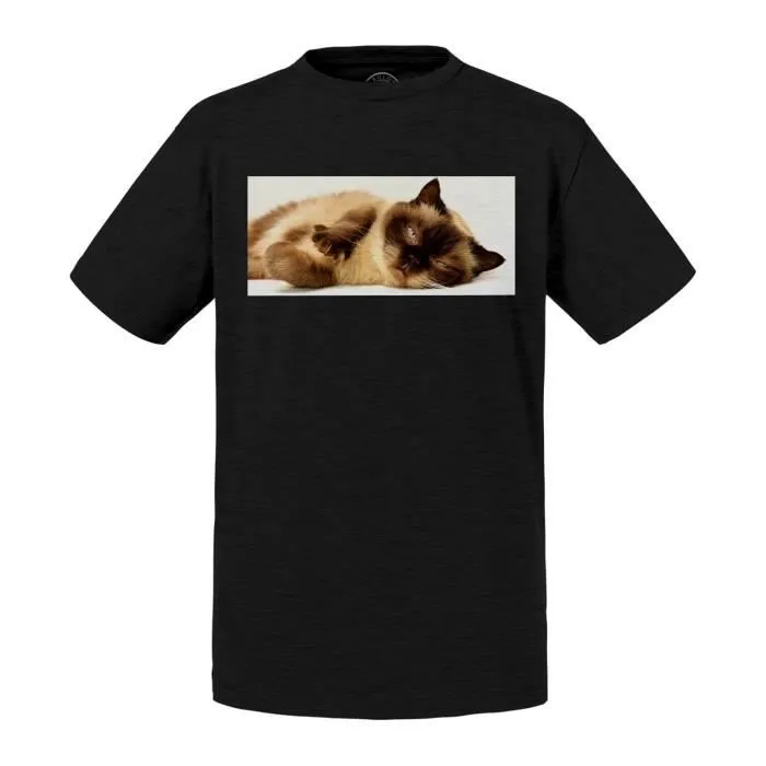 T-shirt Enfant Gris Chaton Siamois Poil Long Endormis Mignon Relax Chill Chat-0