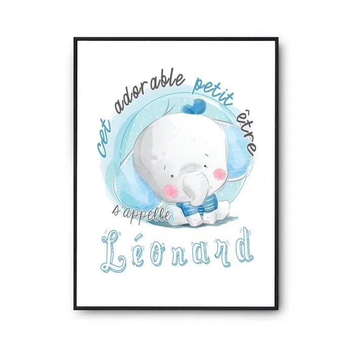 Affiche bébé - Léonard - Éléphant - Décoration murale - Papier 310 g/m² - A suspendre-0