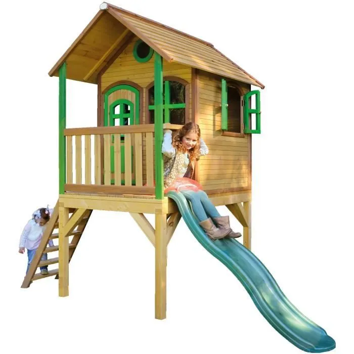 AXI Laura Maison Enfant avec Toboggan vert | Aire de Jeux pour l'extérieur en marron & vert | Maisonnette /Cabane de Jeu en Bois-1