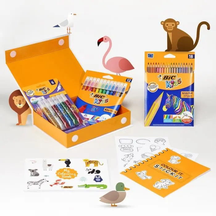 BIC My Colouring Box - Kit de Coloriage avec 12 Feutres/18 Crayons de Couleurs/6 Colles Pailletées, 1 Livre de Coloriage et-1