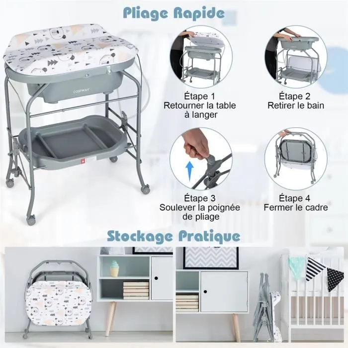 COSTWAY Table à Langer Bébé avec Baignoire 20L 4 en 1 Pliante 4 Roues,Tuyau 1m,Plateau de Rangement Coussin PVC Imperméable,35 Kg-2
