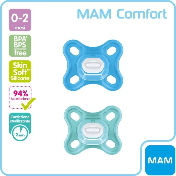 Sucette Mam Lot de 2 Sucette 100 % Silicone Ideal pour les nouveau-nes avec etui de tetine 0-2 mois, bleu et bleu-1