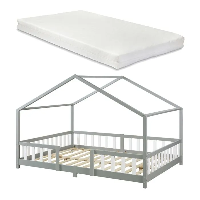 Lit d'enfant Treviolo Forme Maison avec Matelas à Mousse à Froid 200 x 120 cm gris-2