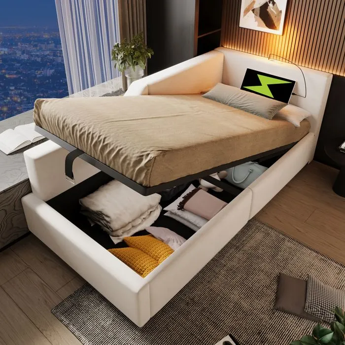 Lit coffre - Velours - 90x190cm - Beige - Avec liseuse - Ports USB-C - Sommier à lattes-1