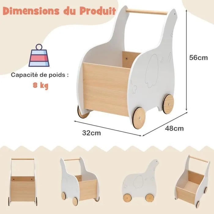 COSTWAY Chariot de Marche pour Enfant Caddie 2-en-1 Utilisation comme Trotteur pour Bébé 1 - 3 Ans, Roues en Caoutchouc Blanc-3