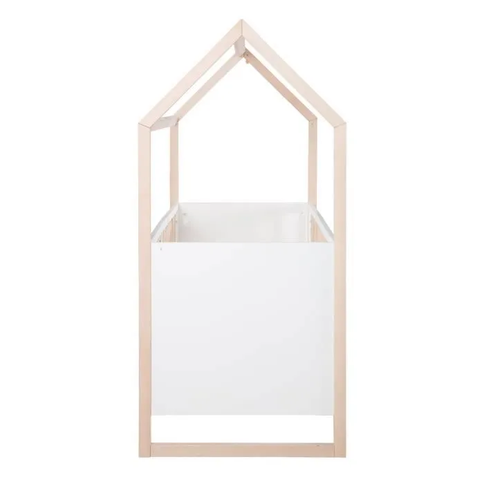 ROBA Lit Bébé Cabane 70 x 140 cm - Convertible + Réglable en Hauteur - Lit Évolutif avec 3 Barreaux Amovibles - Bois Naturel - Blanc-3