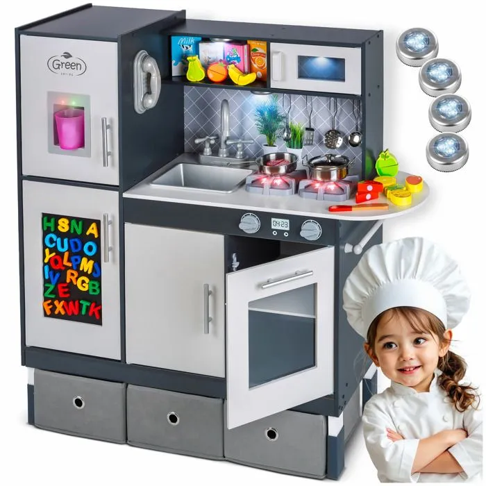 Kinderplay Grande Cuisine Enfant en Bois - Accessoires, éclairage LED, Hauteur de 83 cm, Couleur Grise, GS0057-1-0