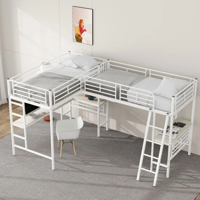 Lit mezzanine - Blanc - 90x200 cm - Métal - Bureau d'angle - 2 places-2