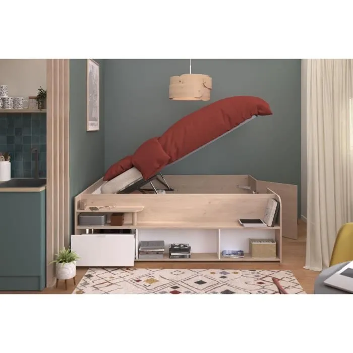 ODYSSEE Lit coffre adulte - 140x190/200 cm - Avec coffre relevable - Décor chêne et Blanc - 168,3x66,5x209,5 cm-2