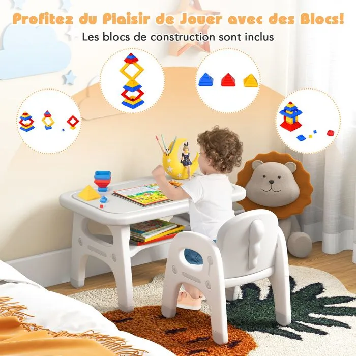 COSTWAY Ensemble Table et Chaise pour Enfants 1-5ans avec Décor Dinosaure Jeux de Construction Plateau de Rangement Plastique Gris-2