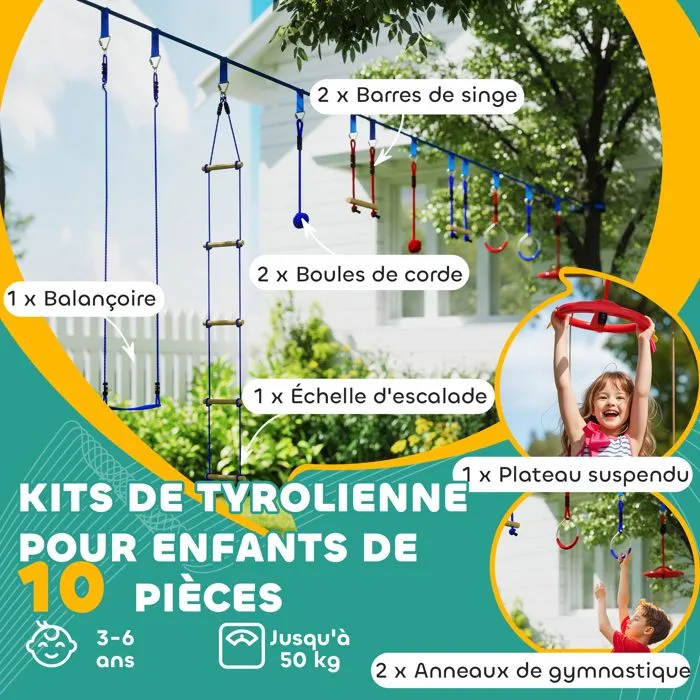 Parcours d'obstacles ninja pour enfants - AIYAPLAY - 10 accessoires - 10 m slackline et sac de transport - bleu-4