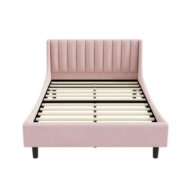 Lit double - DREAMMESPACE - 140x200 cm - Velours rose - Minimaliste - Sommier inclus-2