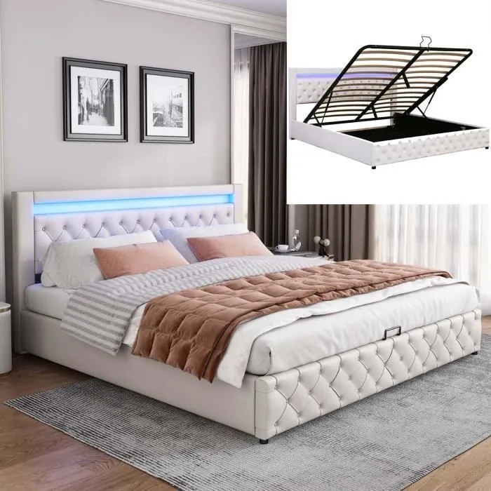 Lit coffre 180x200 cm avec sommier à lattes et LED, tissu PU, blanc-0