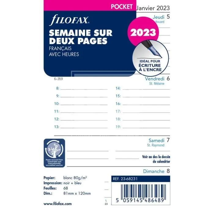 Recharge - FILOFAX - Pocket - Semaine sur 2 pages - 2023 - Blanc-0