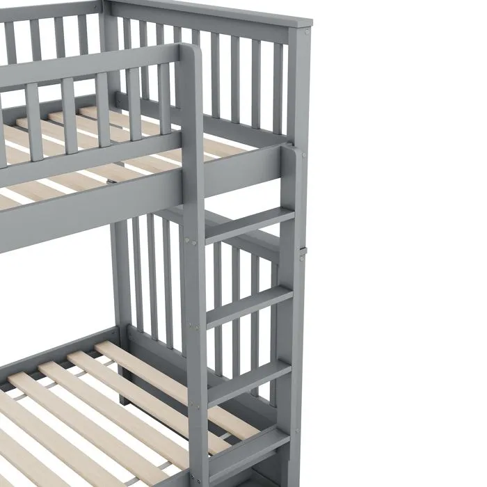 Lit superposé - Enfant - 90x200 cm - Bois massif - Gris - Lit gigogne inclus-4