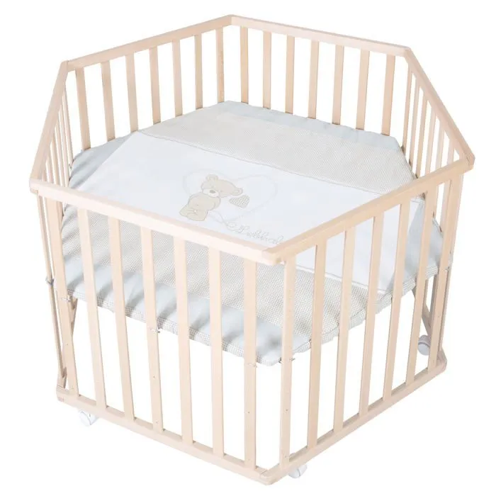 ROBA Parc Bébé Hexagonal en Bois Liebhabear + Tapis de Parc et Roues Avec Freins - Base Ajustable en Hauteur - Naturel-0