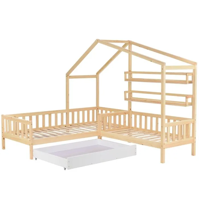 Lit Enfant Combiné avec Rangement -en Bois Massif- avec sommier à lattes-2 lits,Structure en L 90x200 cm+140x70cm- bois naturel-2