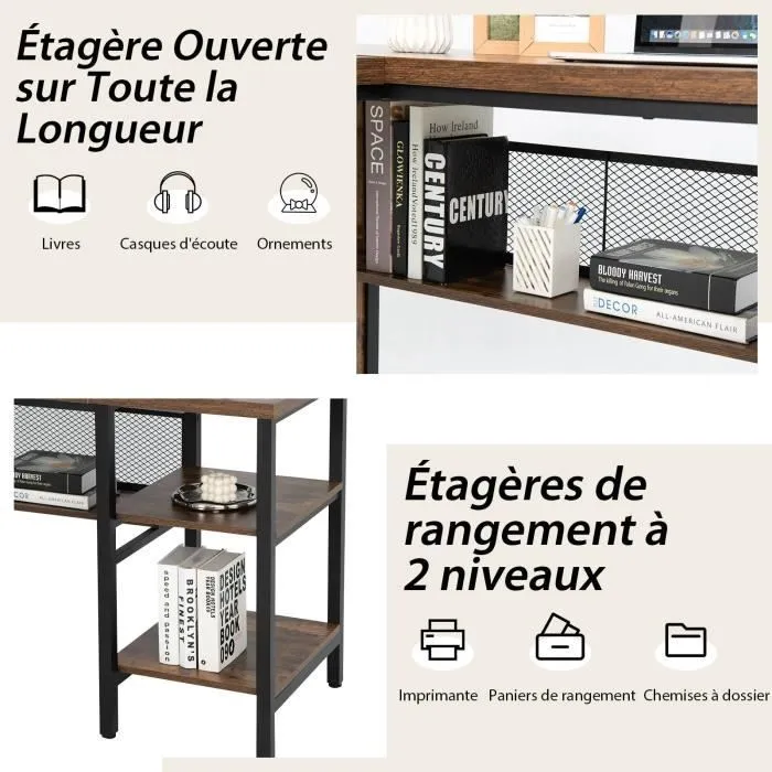 COSTWAY Bureau d’Angle Industriel en Forme de L, 150 x 140 x 75 cm Plateau de Table Spacieux & 3 Étagères Ouvertes, Marron Rustique-2