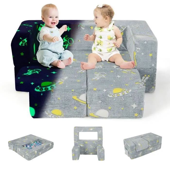 COSTWAY Canapé Enfants Lumineux (Brillant dans le Noir) 5 en 1, Housse Amovible et Lavable Canapé Convertible pour 3 Ans+-0
