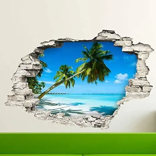 Ambiance Sticker Stickers adhésifs Effet 3D - Sticker Autocollant Palmiers sur Plage de Sable BLAN - Décoration Murale-0