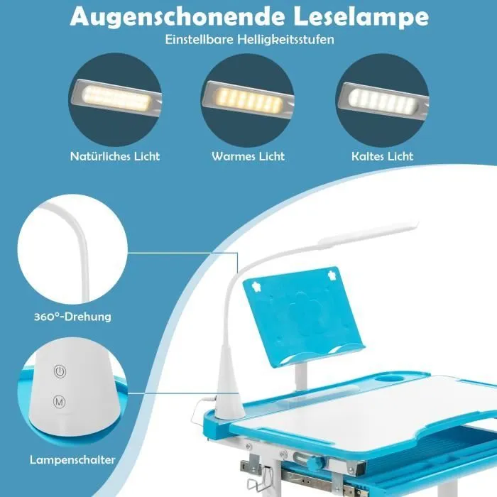 COSTWAY Ensemble Bureau et Chaise pour Enfants avec Éclairage LED, Plateau Incliné et Tiroir Coulissant, Réglable en Hauteur Bleu-1
