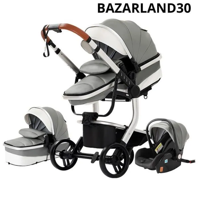 BAZARLAND30 Poussette 3 en 1 Bébé Combinée Siège-Auto Nacelle Trio Réversible cuir pu Roues increvables Canne.gris-0