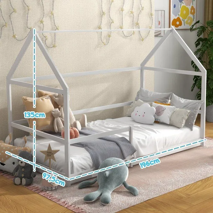 Lit cabane enfants 90x190 cm AIYAPLAY lit enfants lit maison enfant avec protection antichute, sommier à lattes et toit blanc-3
