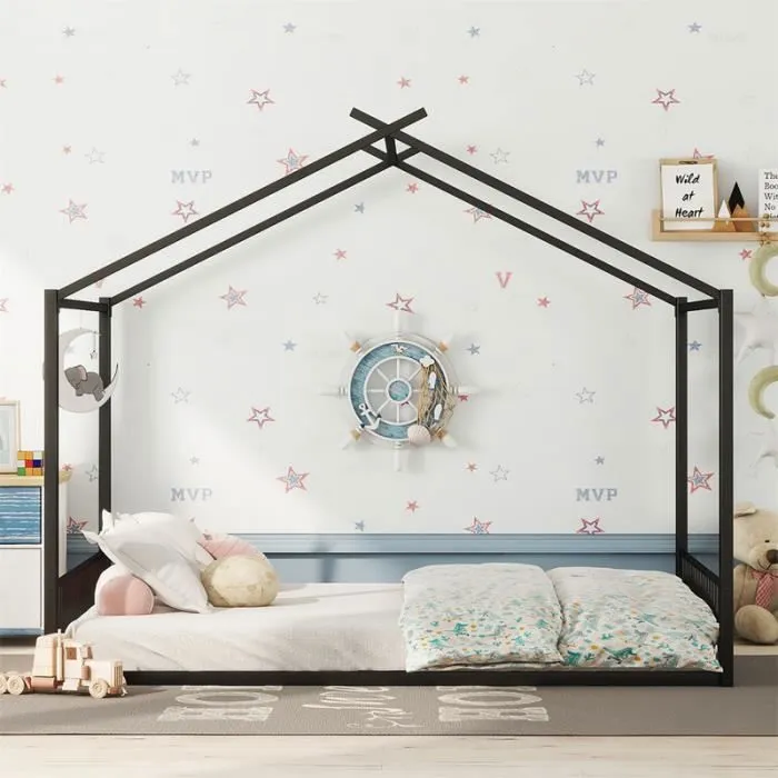Lit cabane - DREAMMESPACE - 140x200cm - Métal noir - Design enfant - Sommier inclus-1