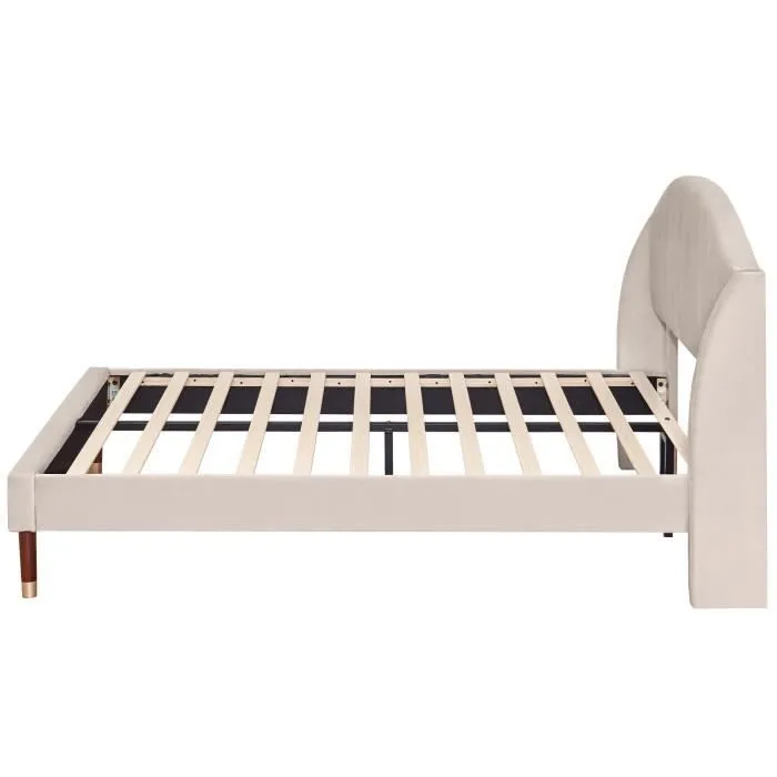 BM Lit double pour adulte 140x190cm en velour beige, tête de lit réglable, sommier à lattes, pour chambre à coucher, sans matelas-2