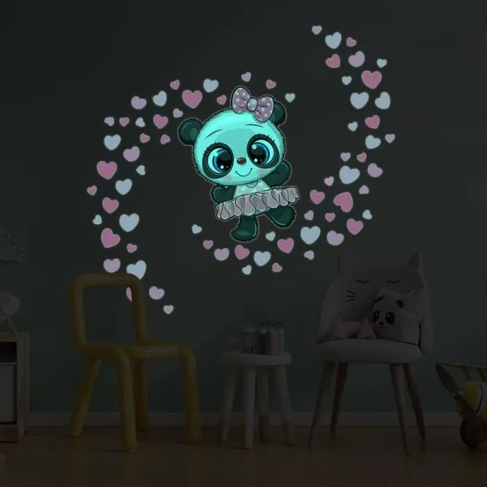 Sticker phosphorescent lumineux - PANDA BALLERINE ET 70 CŒURS - Autocollant mural plafond enfant fluorescent - 30x30cm-0