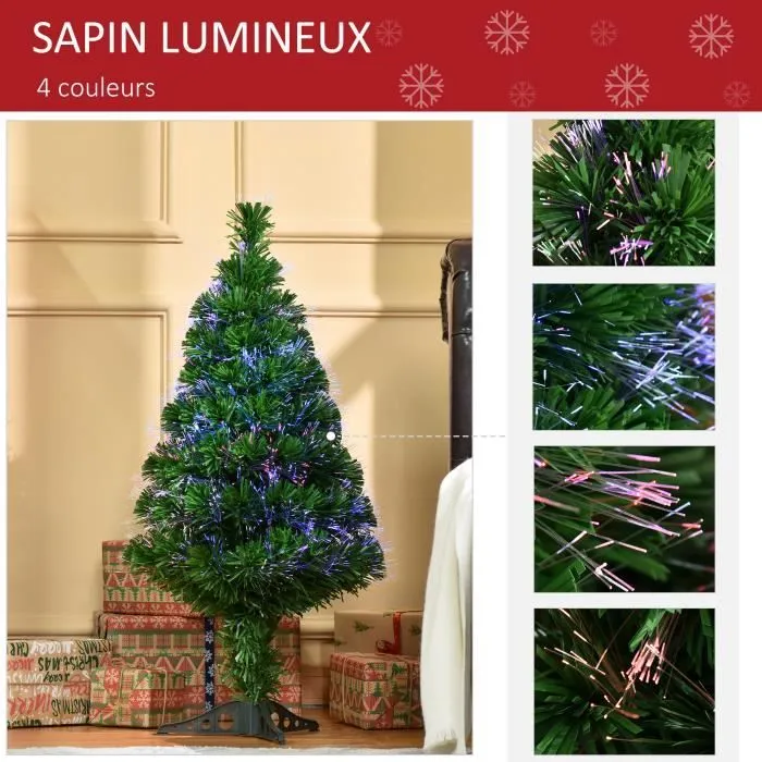 HOMCOM Sapin de Noël Artificiel Lumineux 90H cm Fibre Optique Multicolore + Support Pied 90 Branches Vert-2