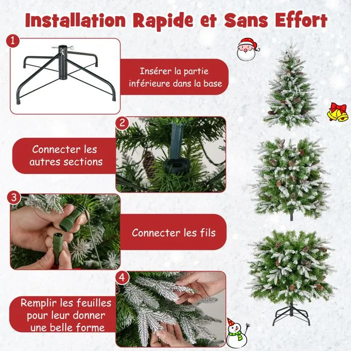 Sapin de Noël Artificiel Floqué de Neige 190CM COSTWAY-280 Lumières LED Blanc Chaud-671 Pointes-60 Pommes de Pin-Forme de Crayon-3
