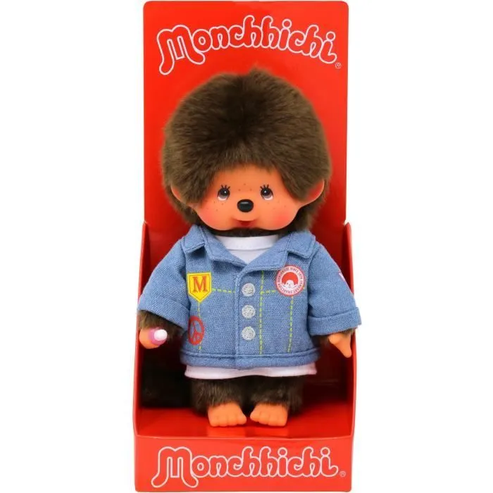 Bandai - Monchhichi - Peluche Monchhichi veste en jean - Peluche toute douce 20 cm pour enfants et adultes - SE23396-1