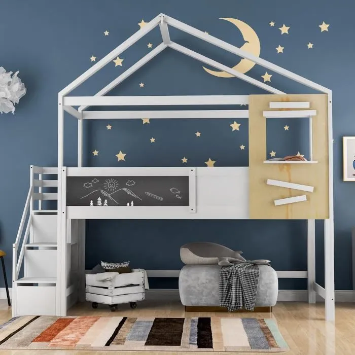 Lit combiné mezzanine enfant 90x200cm avec escalier, fenêtre, planche et 3 tiroirs, maison de jeu pour enfants en bois massif, blanc-1