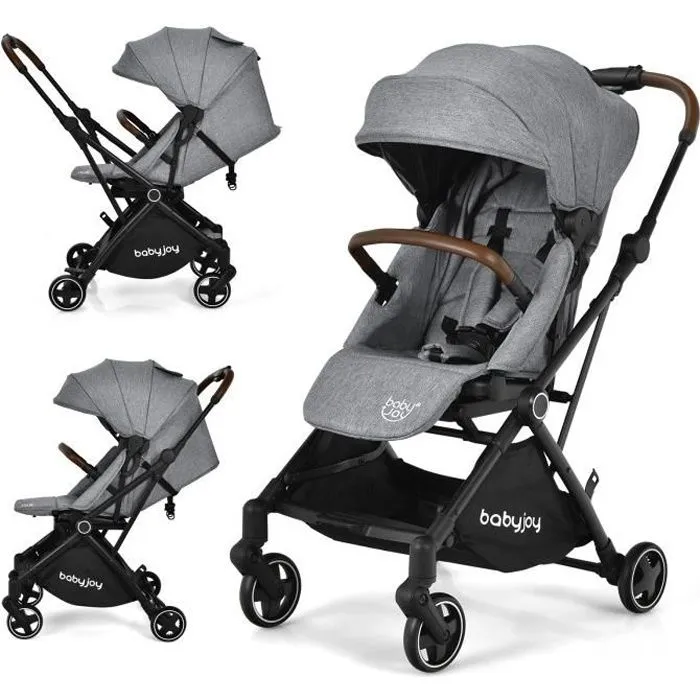 COSTWAY Poussette 2 en 1 Bébé 0-3 Ans Siège Rotatif Pliage à une Main Auvent Repose-pieds Réglables Inclinable Multi-positions Gris-0