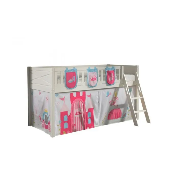 Lit Mezzanine Vipack Scott - Blanc - 90x200 cm - Avec Rideau Princess et 3 Sacs Rangement-0