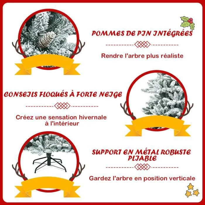 COSTWAY Sapin de Noël Artificiel Flocons de Neige 210cm avec 1108 Pointes Support Métallique Pliable Pomme de Pin Décoration de Fête-2