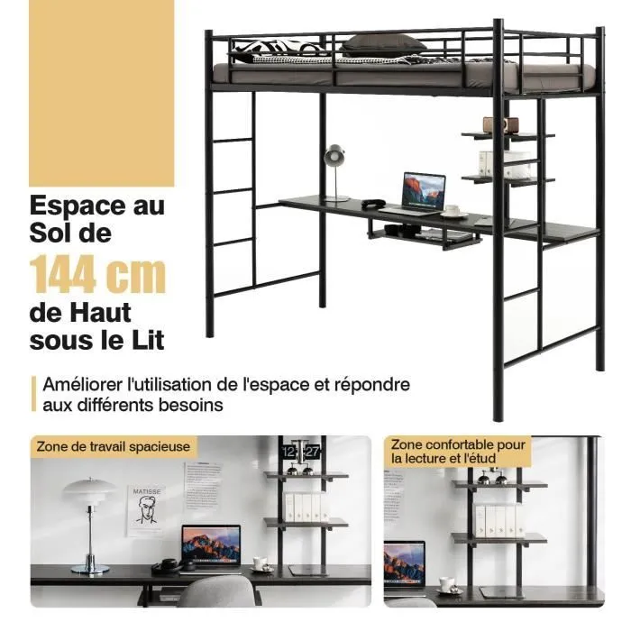 COSTWAY Lit Mezzanine en Métal avec Bureau, 90 x 190 CM, avec 2 Etagères, 2 Échelles, Garde-Corps sur Toute la Longueur, Noir-2