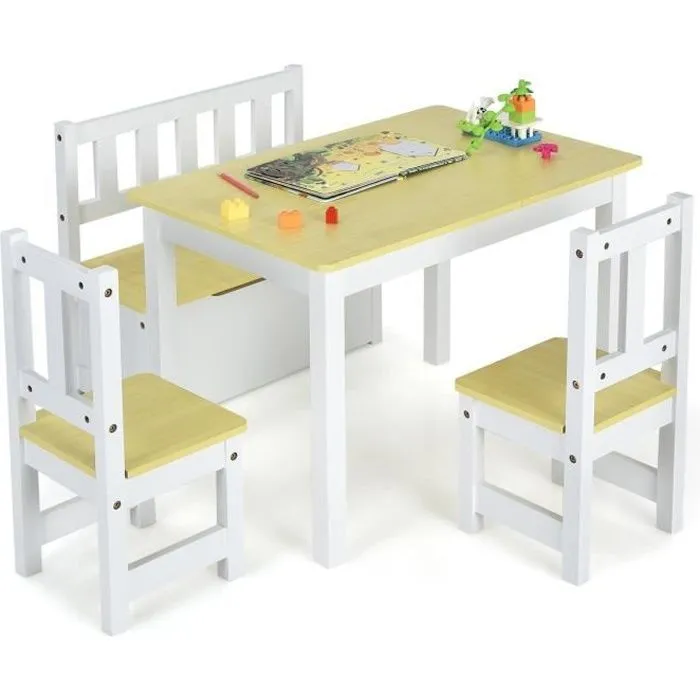 COSTWAY Ensemble de Table et Chaises pour Enfant,avec Table, 2 Chaises et Banc de Rangement 2 en 1,pour Étudier et Manger, Naturel-0