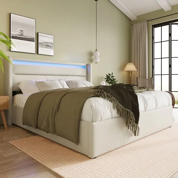 Lit adulte 160x200 cm, lit coffre avec LED, sommier à lattes, tissu en PU, blanc-1
