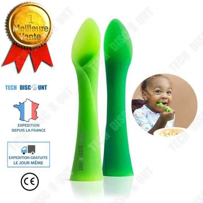 TD® Cuillères d'apprentissage dès 6 mois pour bébé enfants en bas âge silicone sans bisphénol flexible alimentaton facile asperge-0